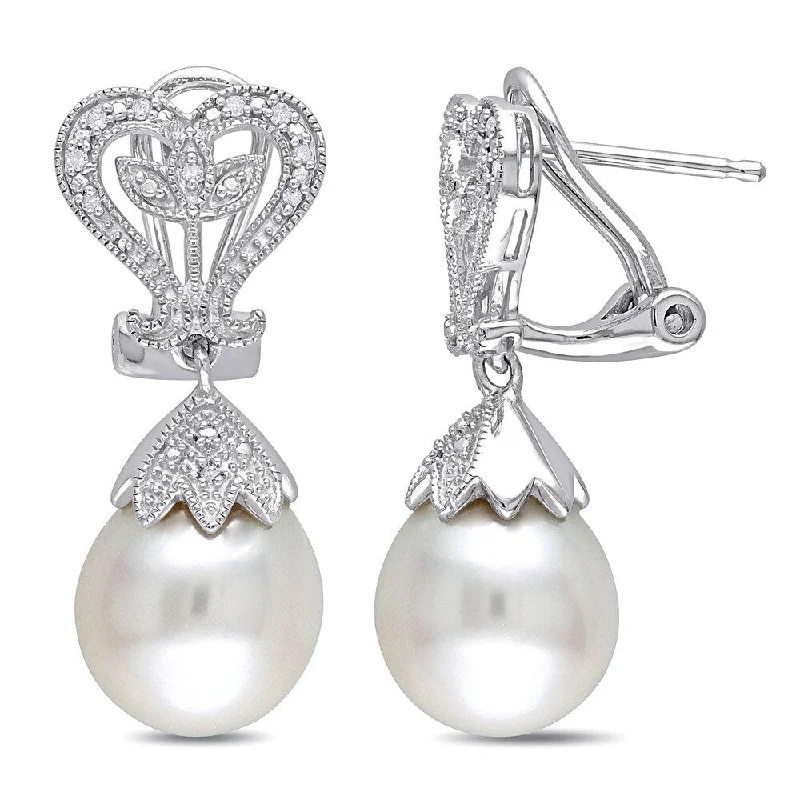 Miadora Sterling Silver White Pearl and Diamond Accent Dangle Earrings (10-10.5 mm)