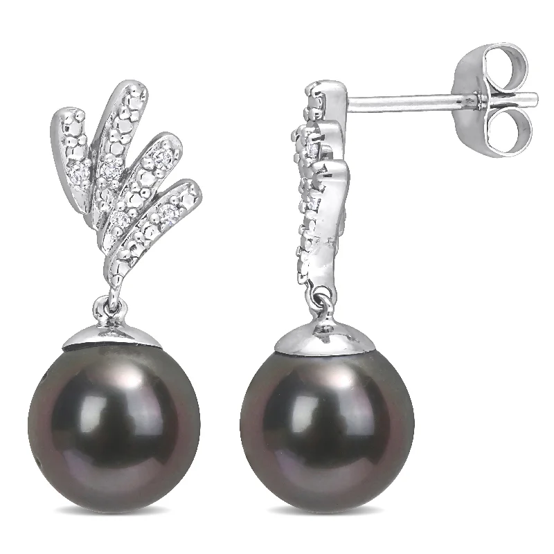 Miadora Tahitian Cultured Pearl and Diamond Accent Drop Earrings in 10k White Gold (8-8.5mm)