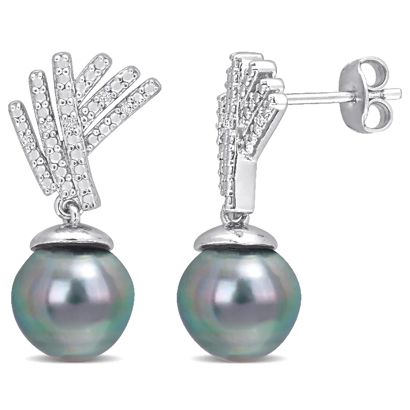 Miadora Tahitian Cultured Pearl and Diamond Accent Drop Earrings in Sterling Silver (9.5-10mm)