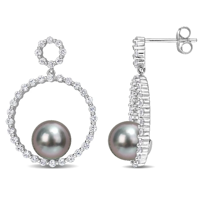 Miadora Tahitian Cultured Pearl & White Sapphire Open Hoop Drop Earrings in 10k White Gold (8.5-9mm)