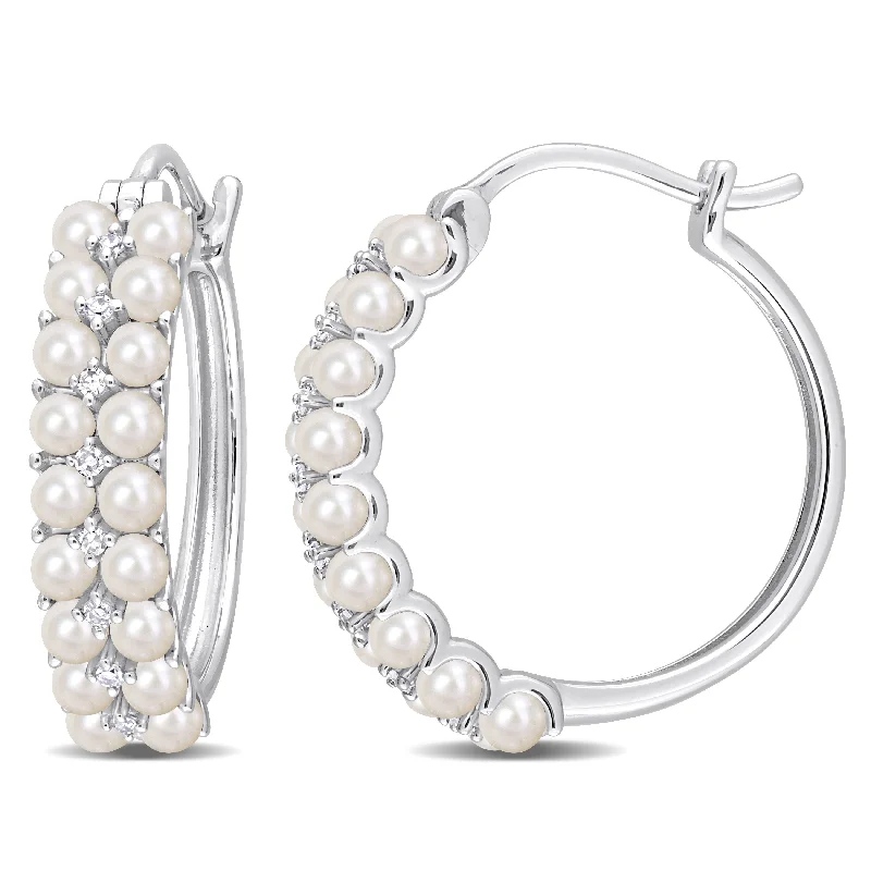 Miadora White Cultured Freshwater Pearl and 1/10ct TDW Diamond Multi-row Hoop Earrings in 14k White Gold