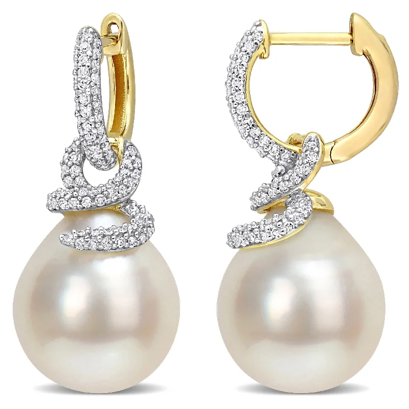 Miadora White South Sea Cultured Pearl & 1/2ct TDW Diamond Swirl Hoop Earrings in 14k Yellow Gold