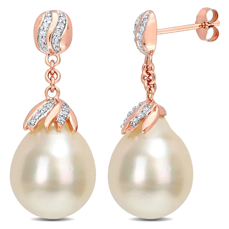 Miadora White South Sea Cultured Pearl & 1/7ct TDW Diamond Drop Earrings in 14k Rose Gold (9-10mm)