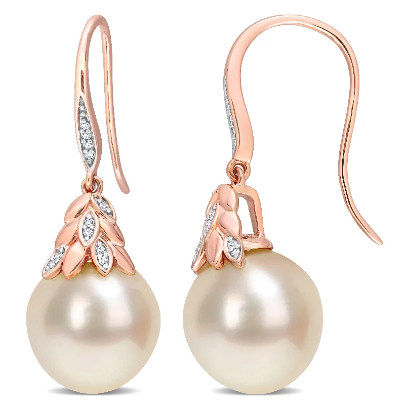 Miadora White South Sea Cultured Pearl & Diamond Accent Hook Earrings in 14k Rose Gold (12-12.5mm)