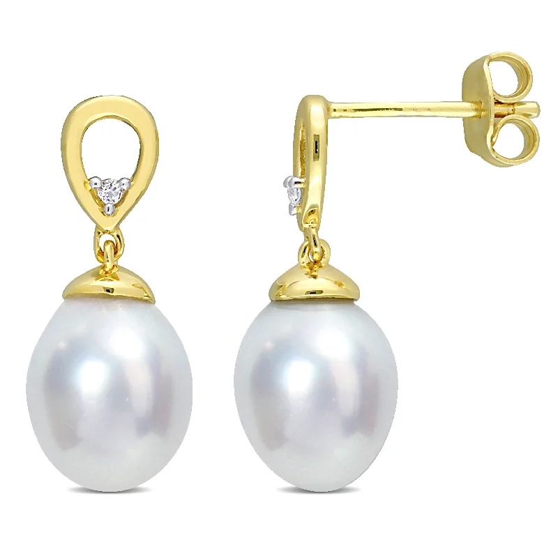 Miadora White Topaz and South Sea Cultured Pearl Earrings Yellow Silver